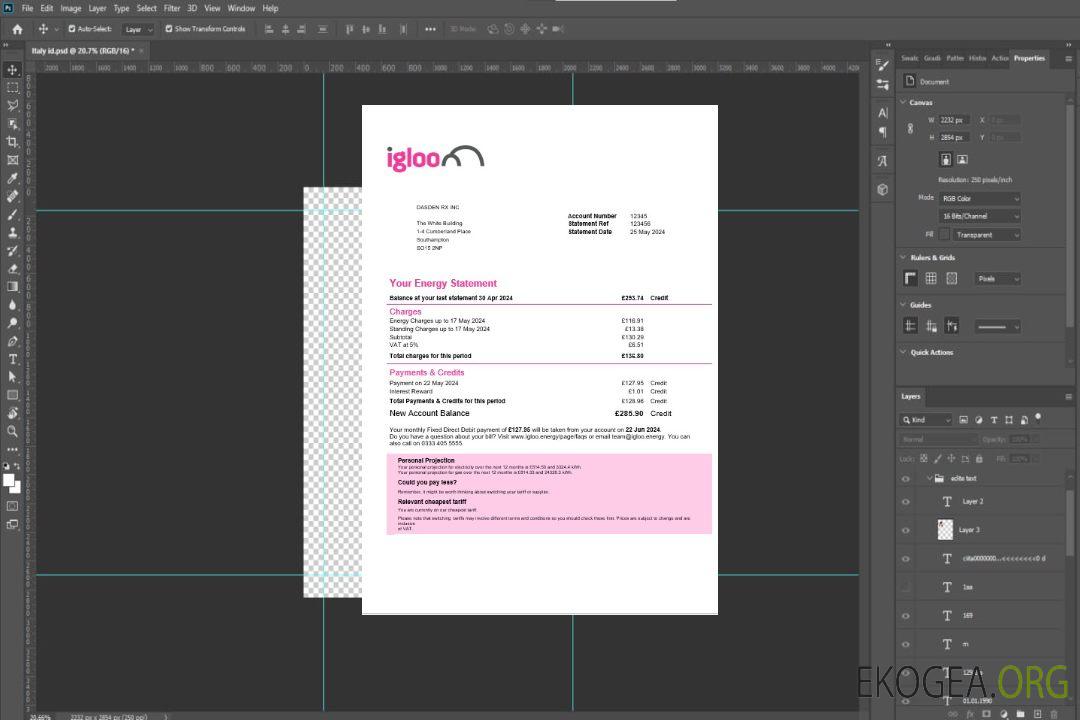 Modèle de facture de services publics d'entreprise d'Igloo Energy au Royaume-Uni aux formats Word et PDF template